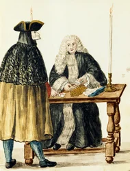 Magistrat som spelar kort med maskerad man, av Jan Grevenbroeck (1731-1807), Italien