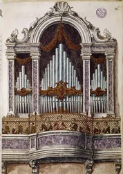 Föräldralösa barn som sjunger, orgel för kören i kyrkan Ospedale della Pieta, Venedig (föräldralösas kör) Akvarellteckning och tusch från manuskriptet "Venitianernas seder"" av Jan van Grevenbroeck (eller Giovanni Grevembroch (Grevenbroch) (1731-) 1807)