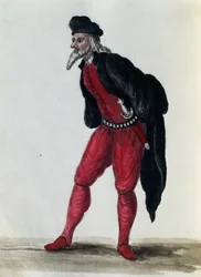 Pantaloon, köpman i Venedig, illustration från kostymer av venetianare i nästan alla åldrar, flitigt samlad och målad på 1700-talet, Giovanni di Grevembroch (1731-1807)