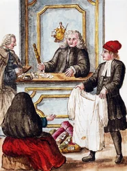 Pantbank, illustration från illustrerad bok med venetianska dräkter, av Jan Grevenbroeck (1731-1807), akvarell, Italien