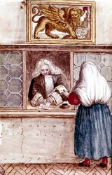 Pantbank. fromhetens berg i Venedig. Akvarellteckning och tusch från manuskriptet "Venitianernas seder"" av Jan van Grevenbroeck (eller Giovanni Grevembroch (Grevenbroch) (1731-1807)
