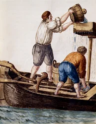 Sållning av kanalvatten på jakt efter förlorade föremål, illustration från Illustrerad bok med venetianska dräkter, av Jan Grevenbroek (1731-1807), akvarell, Italien