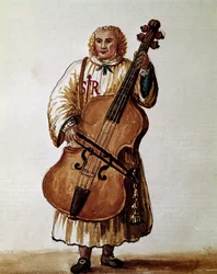 Gatumusiker (vandrande musiker) Akvarellteckning och tusch från manuskriptet "Venitianernas seder"" av Jan van Grevenbroeck (eller Giovanni Grevembroch (Grevenbroch) (1731-1807)