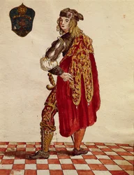 Dräkt av riddare av Confraternity de la Calza (Stocking) 1564, av Jan van Grevenbroeck eller Giovanni Grevembroch (1731-1807), Gli Abiti de Veneziani, från illustrerad bok med kostymer, akvarell