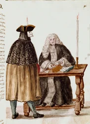 Spelrummet: en karaktär maskerar framför dealern som drar kort, mynt samlas på bordet Akvarellteckning och bläck från ett manuskript av Jan van Grevenbroeck (eller Giovanni Grevembroch (Grevenbroch) (1731-1807)