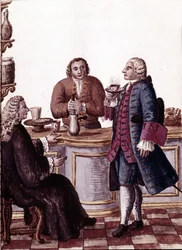Venetianska adelsmän på kaffe, en av dem njuter av en choklad. Akvarellteckning och tusch från manuskriptet "Venitianernas seder"" av Jan van Grevenbroeck (eller Giovanni Grevembroch (Grevenbroch)