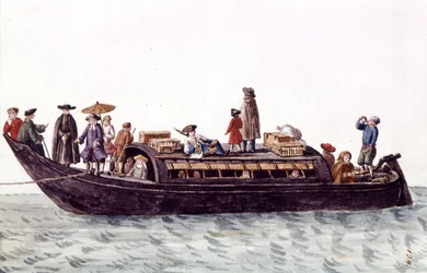 Venedigs lagunbåt för transport av människor och varor. Akvarellteckning och tusch från manuskriptet "Venitianernas seder"" av Jan van Grevenbroeck (eller Giovanni Grevembroch (Grevenbroch) (1731-1807)