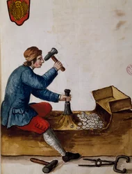 Arbetare vid, myntverk, illustration från Illustrerad bok med venetianska dräkter, av Jan Grevenbroeck (1731-1807), akvarell, Italien