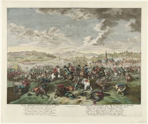 Ryttarstrid i norra Italien, ca 1702-1703 Pugna Germanorum et Gallorum in Italia / Tyskarnas strid med fransmännen i Italien (titel på objektet)
