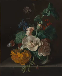 Blommigt stilleben med stockros och ringblomma