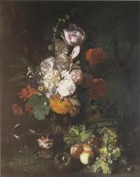 Blomstycke med frukt och gräs