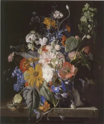 Blomsterstilleben och sniglar på en stenavsats