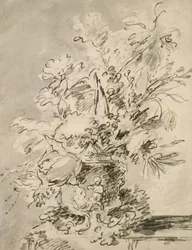 Blommor i en urna (kol och indiskt bläck på papper)