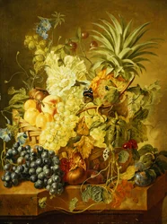 Plommon, en persika, vindruvor, en melon, en ananas, en fikon, vinbär, körsbär och blommor i en korg, och vindruvor, ett granatäpple, plommon och en fikon, med fjärilar på en stenavsats