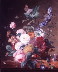 Rosor, Dahlia, Delphinium och andra blommor i en korg på en marmoravsats (olja på duk)