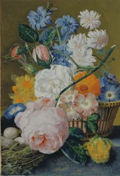Rosor, morgonljus, narcisser, aster och andra blommor i en korg, med ägg i ett bo på en marmorkant, 1744
