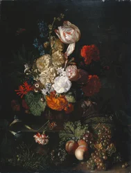 Stilleben: Blommor och frukt, ca 1700-20 (olja på panel)