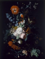 Stilleben med blommor och frukt