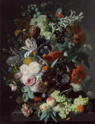 Stilleben med blommor och frukt