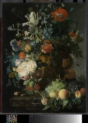 Stilleben med blommor och frukt