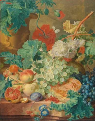 Stilleben med blommor och frukt
