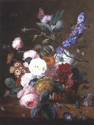 Stilleben med blommor i en korg