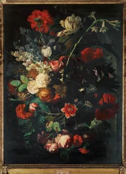 Vas med blommor på sockel (målning på duk)
