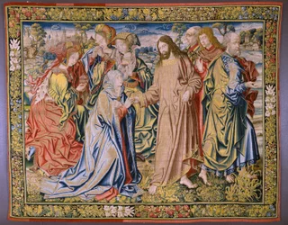 flamländsk gobeläng. Serien Heaven of Charles V. Christ säger adjö till sin mor (Despedida de Cristo/Christ säger adjö till sin mamma). Serietecknaren Jan van Coninxloo. Tillverkning av Julien Portois, Mechelen (Malines). omkring 1521.