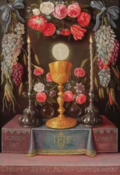 En kalk med nattvarden i en kartusch dekorerad med blommor och frukt, ca 1664