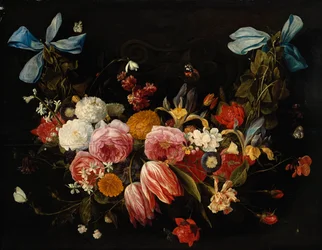 En girlang av rosor, tulpaner, dahlior och andra blommor