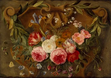 Dekorativ stillebenskomposition med en krans av blommor, mitten av 1600-talet
