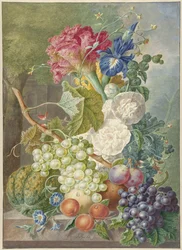 Stilleben med blommor och frukt
