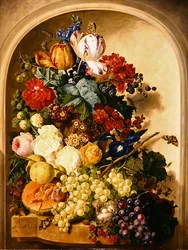 Stilleben: blommor och frukt (olja på panel)