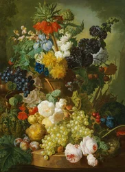 Stilleben av blommor och frukt