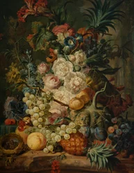 Stilleben med frukt och blommor