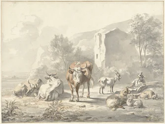 Landskap med boskap och ruin