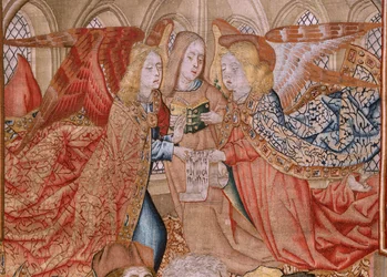 flamländsk gobeläng. Serieavsnitt från Jungfruns liv; Presentation vid templet (Presentación en el Templo). Andra gobeläng i serien. Modeller tillskrivna Jan van Roome (eller van Brussel). Tillverkning Pieter van Aelst, Bryssel. Ca 1502-1504.
