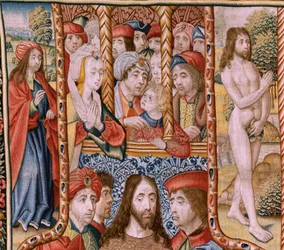 flamländsk gobeläng. Serieavsnitt från The Life of the Virgin. Profetiorna uppfylls vid Kristi födelse (Profetiornas uppfyllelse vid Guds Sons födelse). Första gobelängen i serien. Modeller tillskrivna Jan von Roome (eller van B