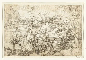 Landskap med stenar, figurer och ett segelfartyg