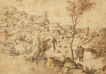 Landskap med herdar vid en flod och en stad bortom (recto); Figurstudier och romerska ruiner (verso)