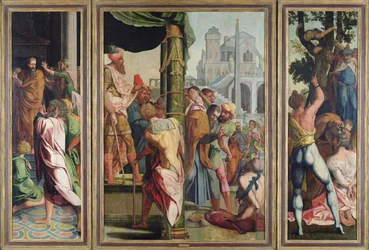 Predikan, arresteringen och martyrskapet av St. James the Greater, från Polyptych of St. Stephen and St. James the Greater, c.1541