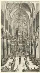 Lijkdienst voor Filips IV te Bryssel, 1665 Det brinnande kapellet och begravningsprocessionen av Philippe IIIe roy des Espaignes gjord i kyrkan Ste. Gudule i ordning av s. överskott. markisen av Castel Rodrigo den 4 och 5 november 1665 (titel på objektet)