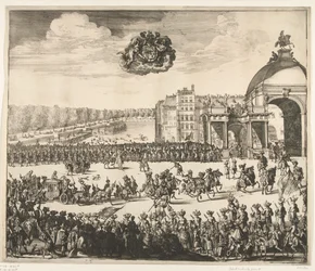 Kung Vilhelm III:s inträde i Haag, 1691 På Blyde, mycket önskat, och först Royal Inhalingh av William III, kung av England, Skottland, Vranckryck och Yerlandt, etc. Binnen Haag den 5 februari, i den Jaere 1691 (titel på