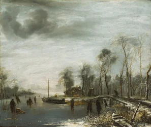Ett vinterlandskap med skridskoåkare och Colf-spelare på en frusen vattenväg, 1653
