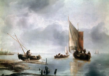 Ett litet fartyg i lätt luft, och ett annat i land, ca 1650-1660, av Jan van de Cappelle (1624-ca 1679), olja på duk, 34, 8x48