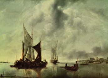 Lugn eller, båtar nära kusten, efter 1651 (olja på duk)