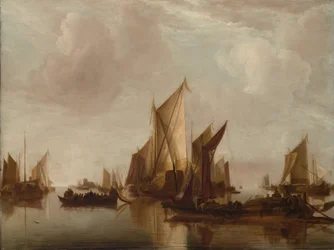 En statlig yacht och annat hantverk i lugnt vatten, ca. 1660.