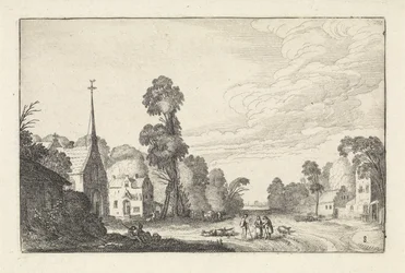 Figurer och boskap i en by med en kyrka Landskap (serietitel) Amenissimae aliquot requculae (serietitel)