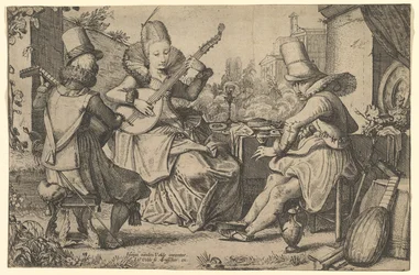 Två elegant klädda män och en kvinna i en trädgård, 1613-41.