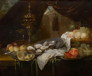 Stilleben med guldkopp, Façon de Venise-glas, frukter och ostron
